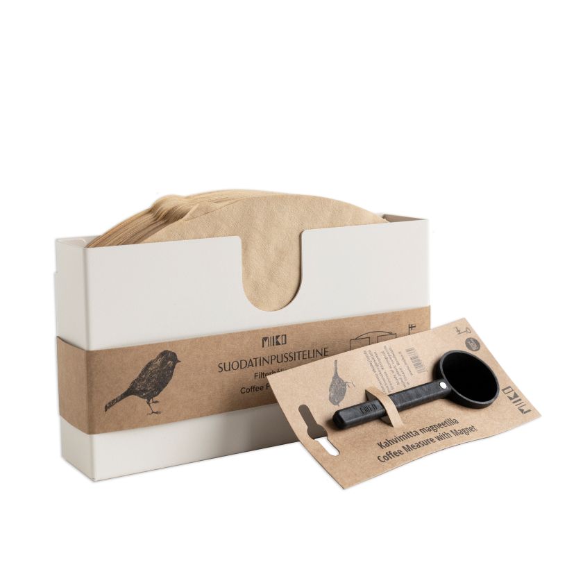 Kaffeefilterhalter hell weiß mit Messlöffel mit Magnet, auf dem Tisch, an die Wand, Kaffeefilter, stabil, Kaffee, Miiko Design