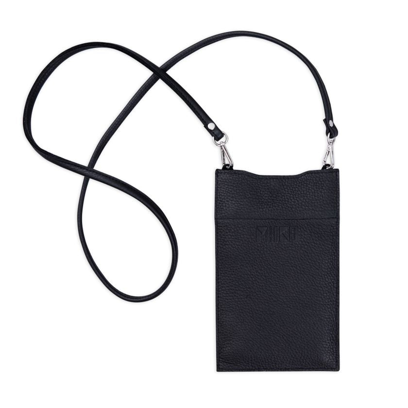 Hertta Handytasche zum Umhängen, schwarze Elchleder, hergestellt in Finnland, Miiko Design