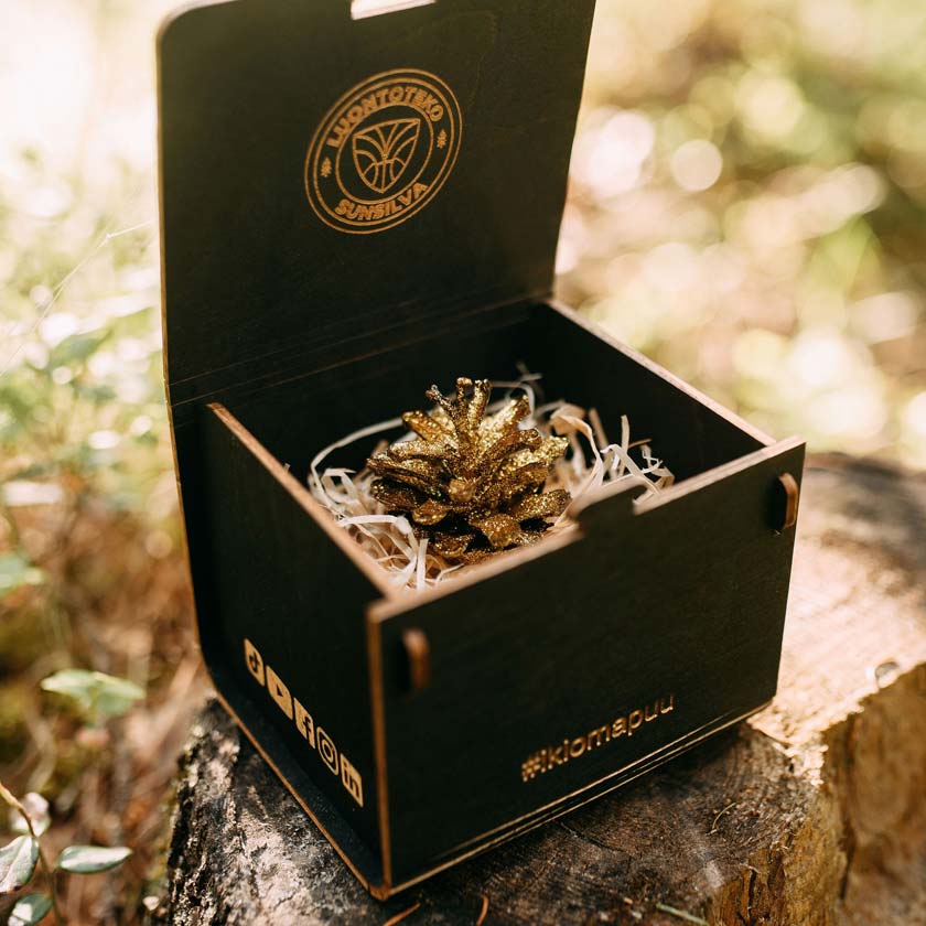 Oma Puu lahjaksi ekologinen ja aineeton lahja Sunsilva metsien puolesta tummaksi vahattu koivuvaneri rasia