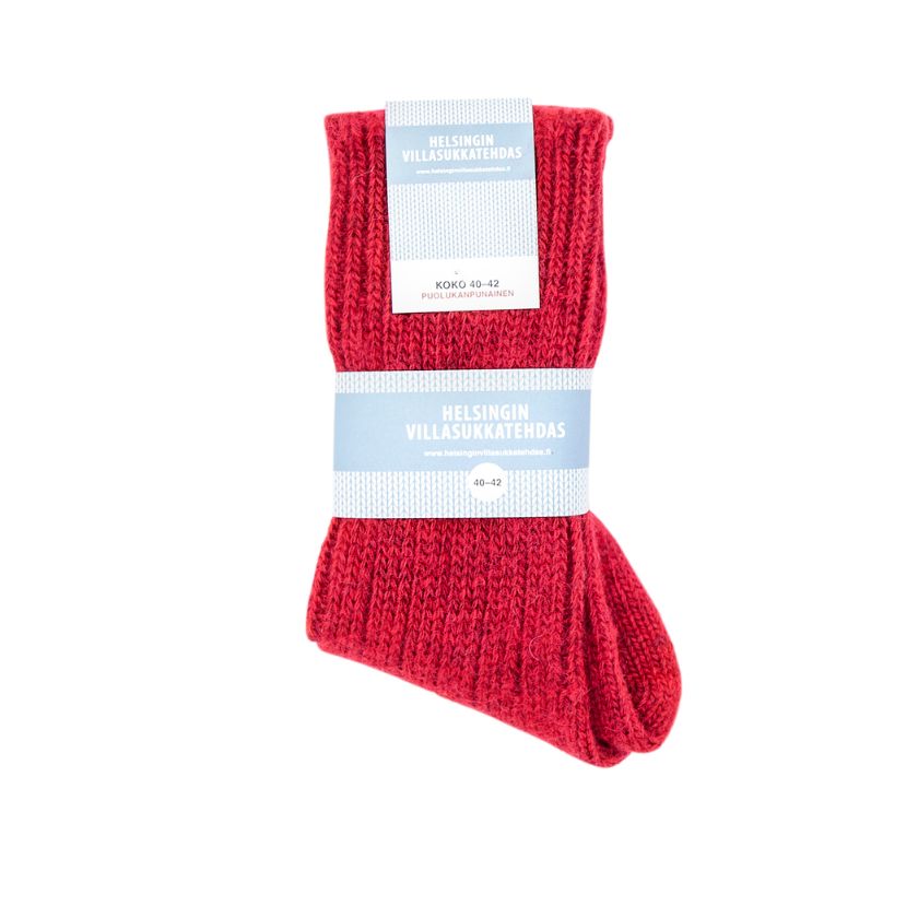 Punaiset suomalaiset perinteiset villasukat ulkoiluun ja kotoiluun, Helsingin Villasukkatehdas
