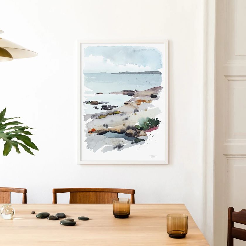 Vesivärimaalaus Rantakalliot juliste, Ester Visual akvarelli, pohjoisten maisemien kuvasarja