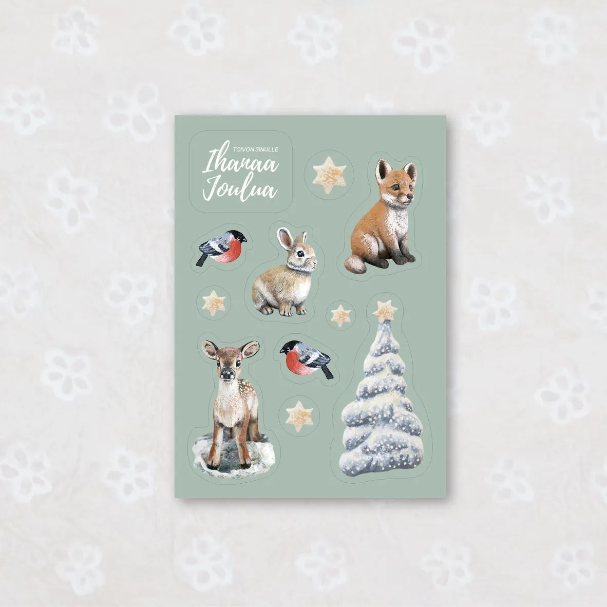 Suloinen jouluinen tarrakortti Pyryn joulutähti, joulukortti, Nenni and Friends
